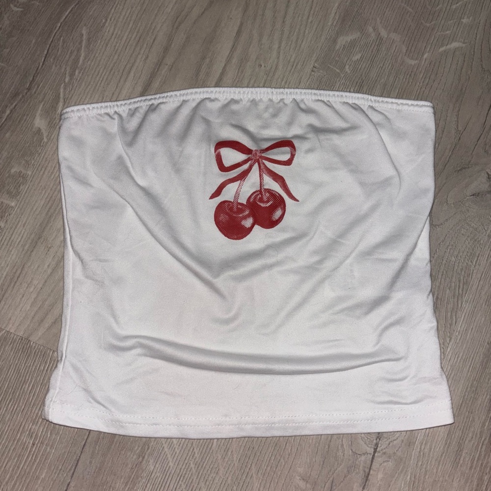 SHEIN White Tube Top with Cherry Print